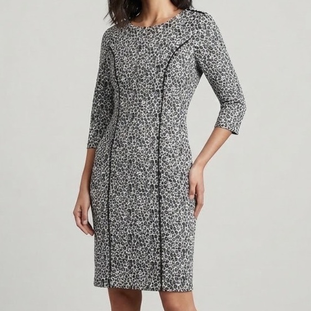 Banana Republic Womens 0 Leopard Print Sheath Dress Black White Elbow Sleeve